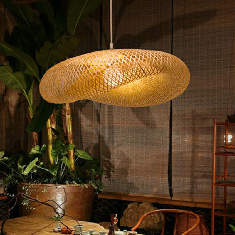 Beige Geometric Hanging Pendant Light Asia 1-Light Bamboo Suspension Lighting Fixture