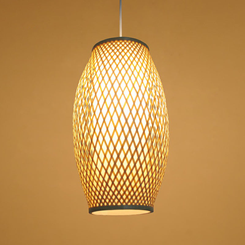 1-Light Corridor Hanging Lighting Chinese Wood Pendant Lamp with Elliptical Bamboo Shade