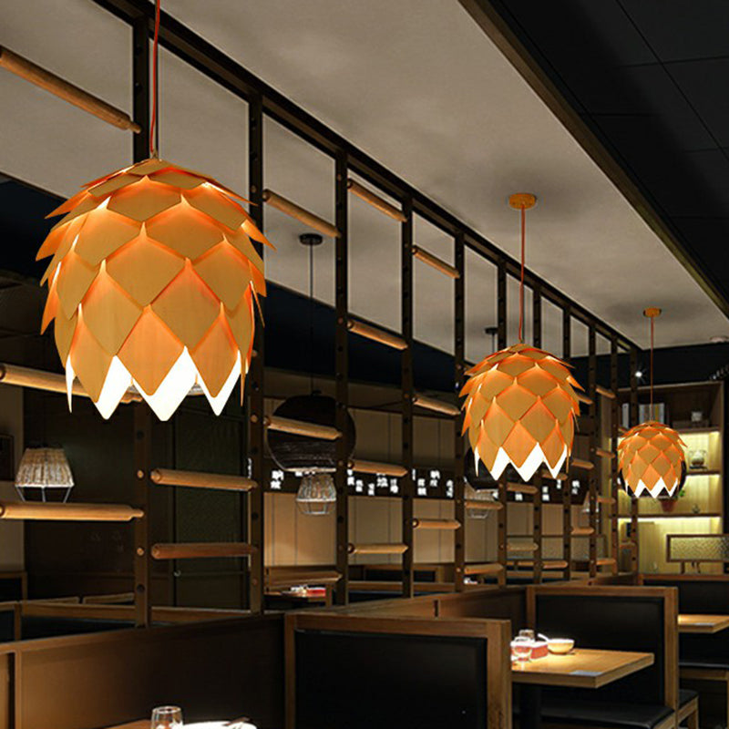 Artichoke Shaped Hanging Lamp Nordic Wooden 1 Head Restaurant Pendant Light Fixture