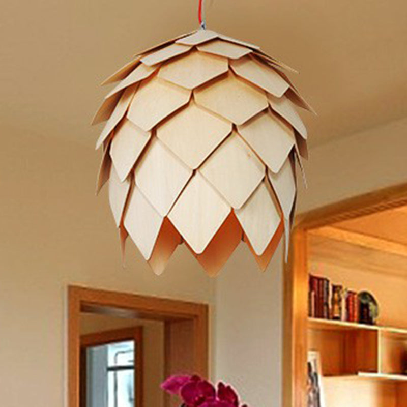 Artichoke Shaped Hanging Lamp Nordic Wooden 1 Head Restaurant Pendant Light Fixture