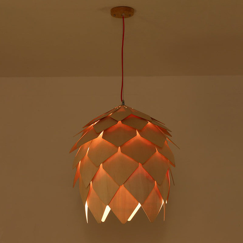 Artichoke Shaped Hanging Lamp Nordic Wooden 1 Head Restaurant Pendant Light Fixture