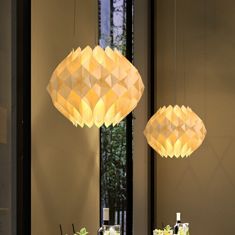 Nordic Globe Hanging Light Wooden 1-Light Dining Room Ceiling Suspension Lamp in Beige