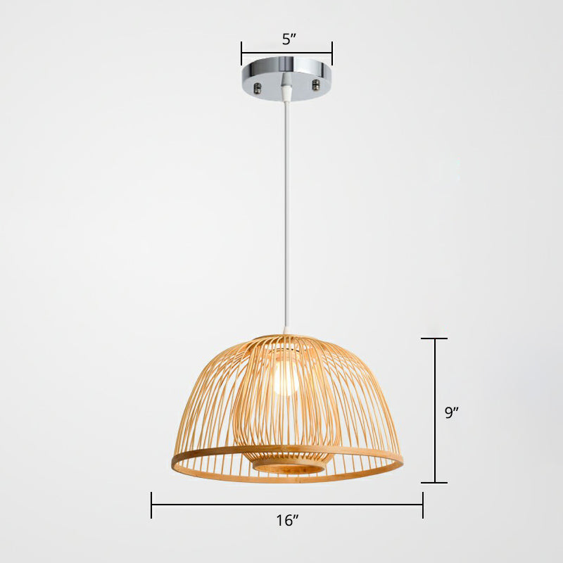 Wood Domed Ceiling Hang Light Modern 1 Head Bamboo Suspension Lamp with Cage Inner