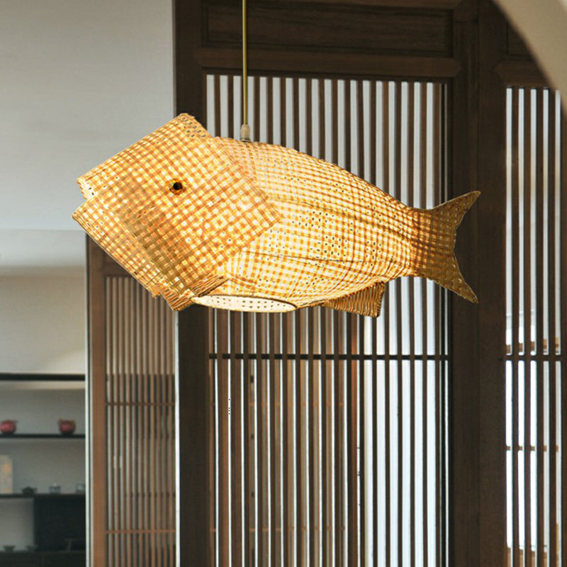 Fish-Shape Restaurant Pendant Light Bamboo Single-Bulb Asian Hanging Light in Wood