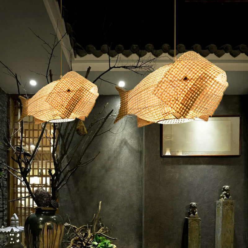 Fish-Shape Restaurant Pendant Light Bamboo Single-Bulb Asian Hanging Light in Wood