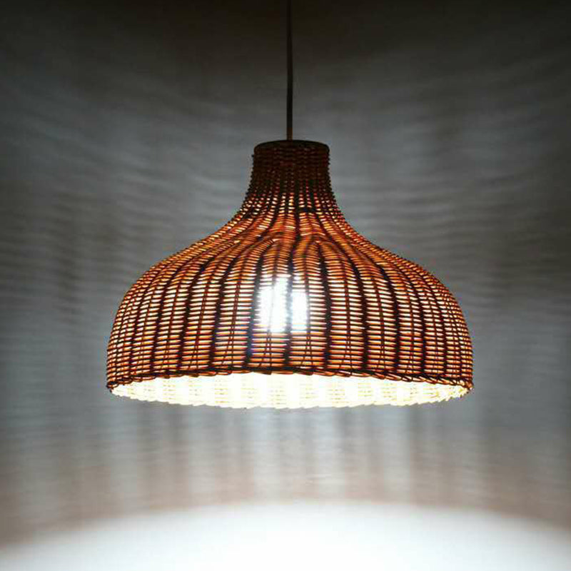 Asian Style Onion Shaped Hanging Lamp Bamboo 1-Light Living Room Pendulum Light Fixture