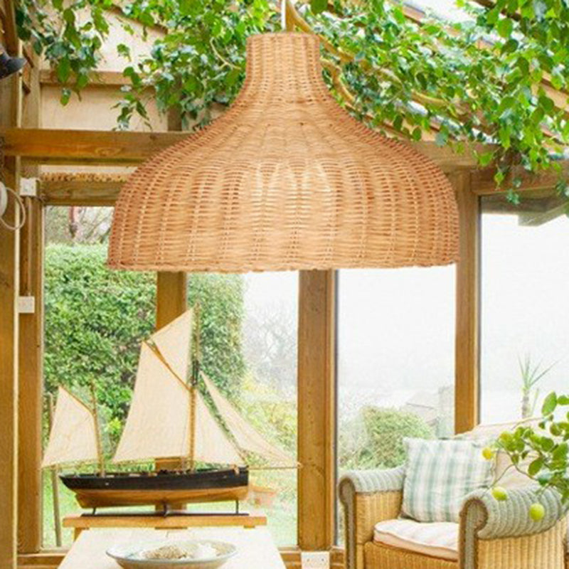 Asian Style Onion Shaped Hanging Lamp Bamboo 1-Light Living Room Pendulum Light Fixture