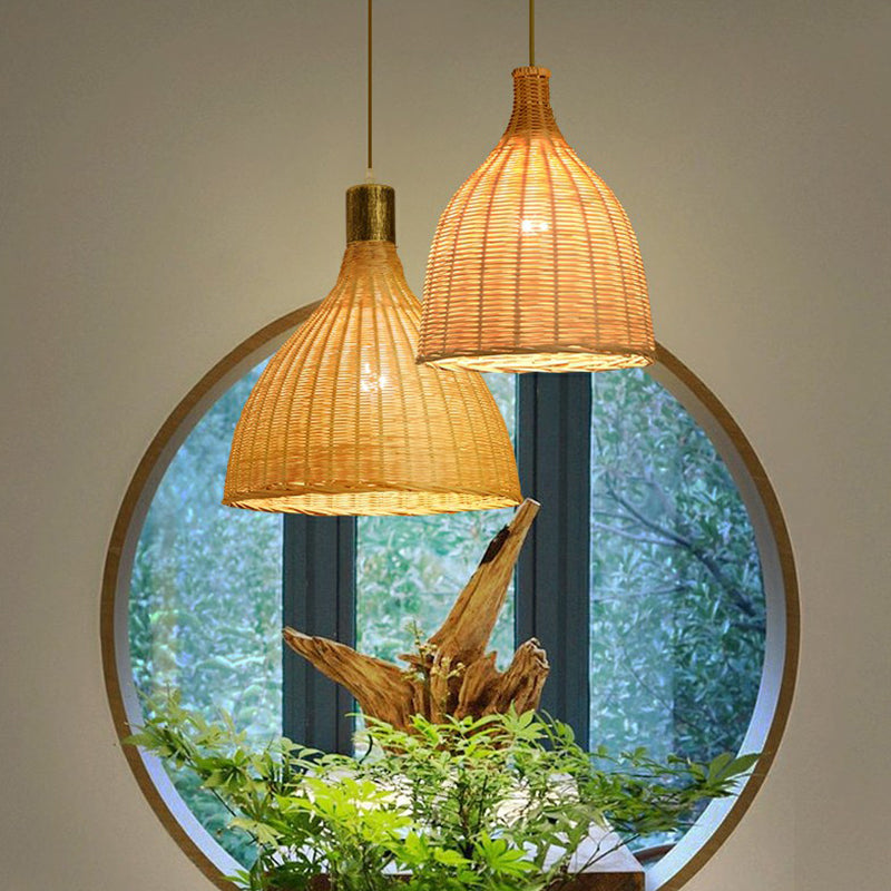 Asia 1 Bulb Down Lighting Pendant Beige Droplet-Like Hanging Lamp with Bamboo Shade