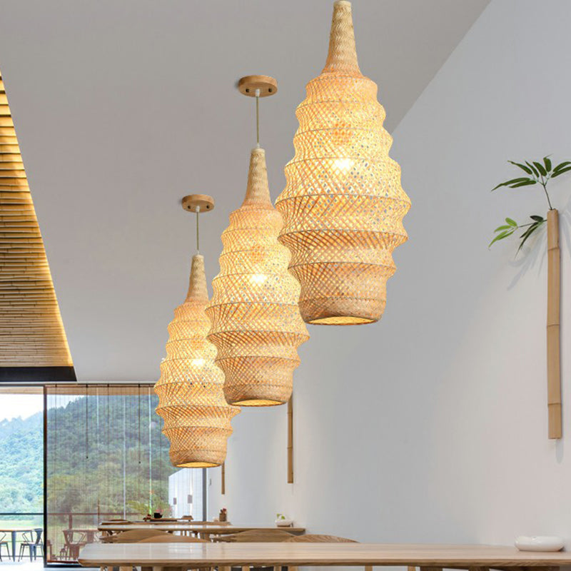 Bamboo Cage Pendant Light Fixture Asia 1-Head Wood Suspension Lighting for Restaurant