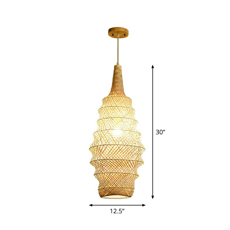 Bamboo Cage Pendant Light Fixture Asia 1-Head Wood Suspension Lighting for Restaurant