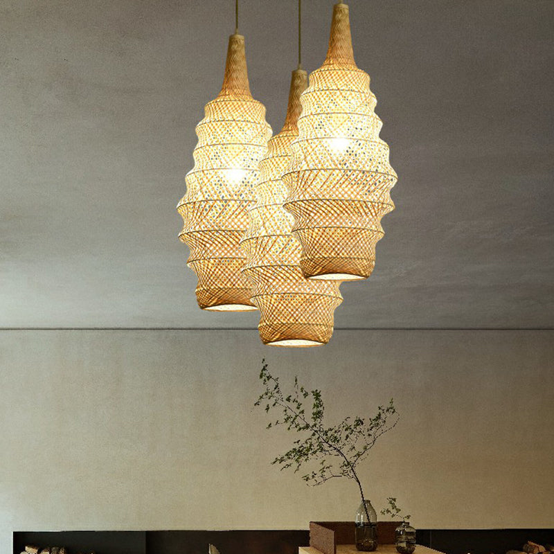 Bamboo Cage Pendant Light Fixture Asia 1-Head Wood Suspension Lighting for Restaurant