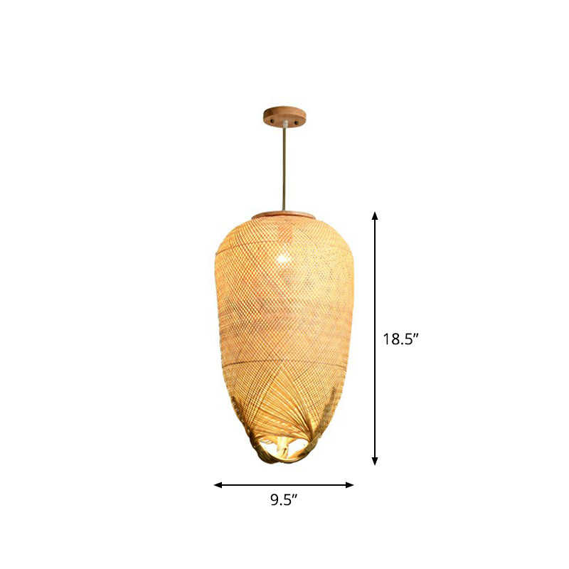 Asia Weaving Pendant Light Fixture Bamboo 1 Bulb Restaurant Ceiling Hang Lamp in Beige