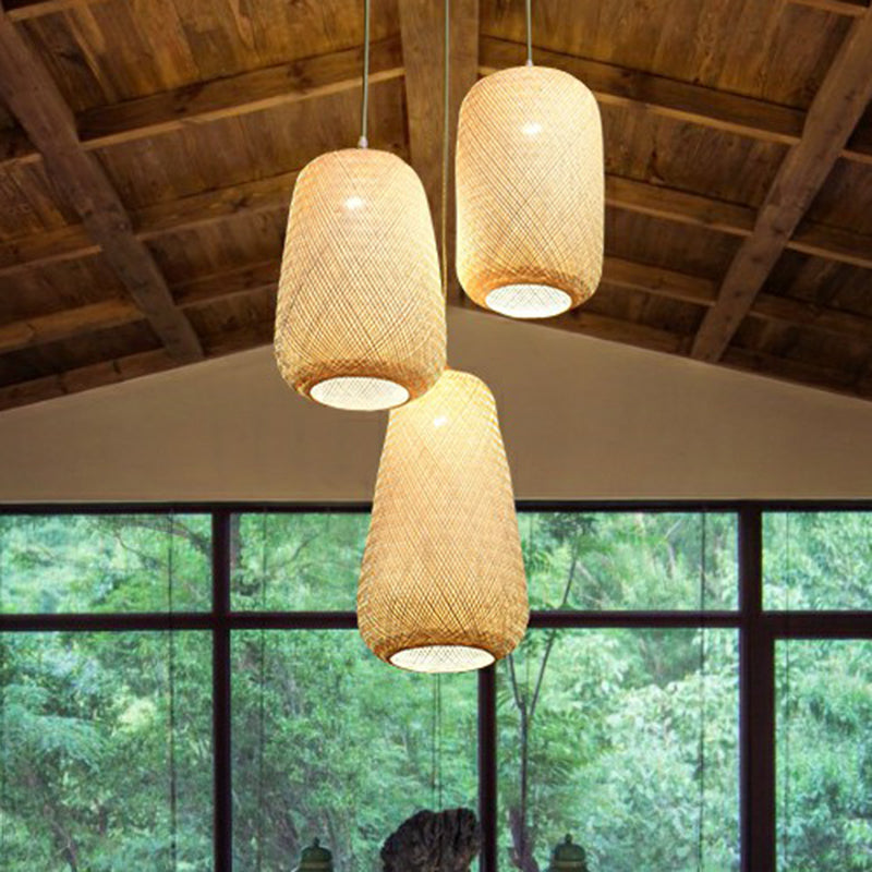 Asia Weaving Pendant Light Fixture Bamboo 1 Bulb Restaurant Ceiling Hang Lamp in Beige