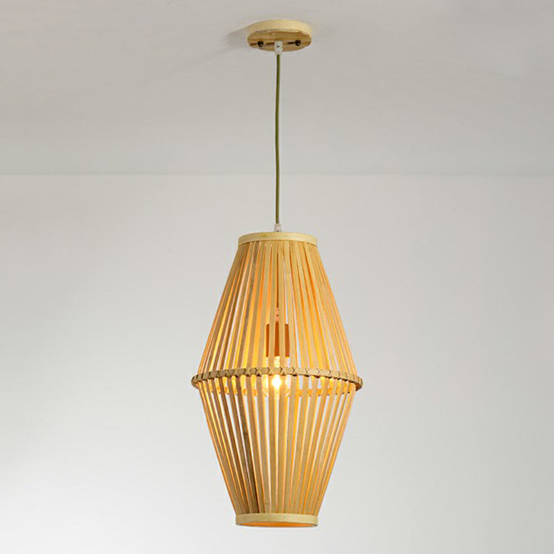 Cage Restaurant Pendant Lamp Bamboo 1 Bulb Modern Style Hanging Light in Beige