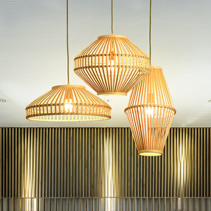 Cage Restaurant Pendant Lamp Bamboo 1 Bulb Modern Style Hanging Light in Beige