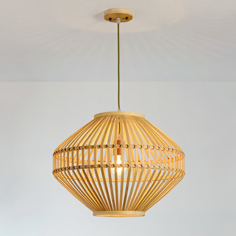 Cage Restaurant Pendant Lamp Bamboo 1 Bulb Modern Style Hanging Light in Beige