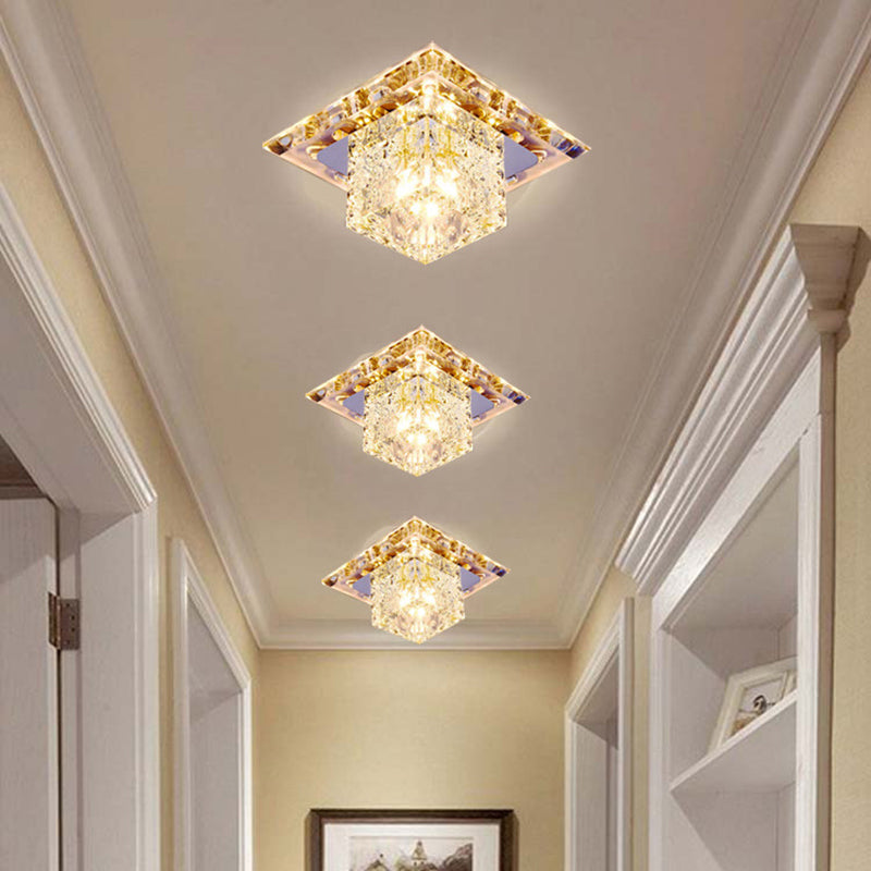 Stainless Steel Square LED Flush Light Simple Clear Crystal Ceiling Mount Light for Aisle