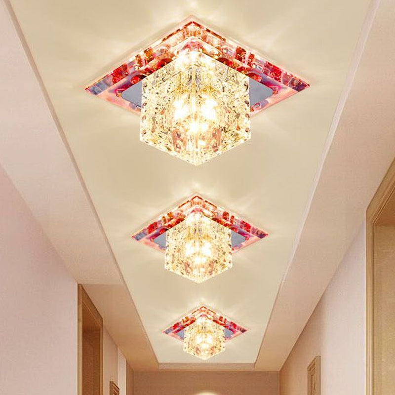 Stainless Steel Square LED Flush Light Simple Clear Crystal Ceiling Mount Light for Aisle