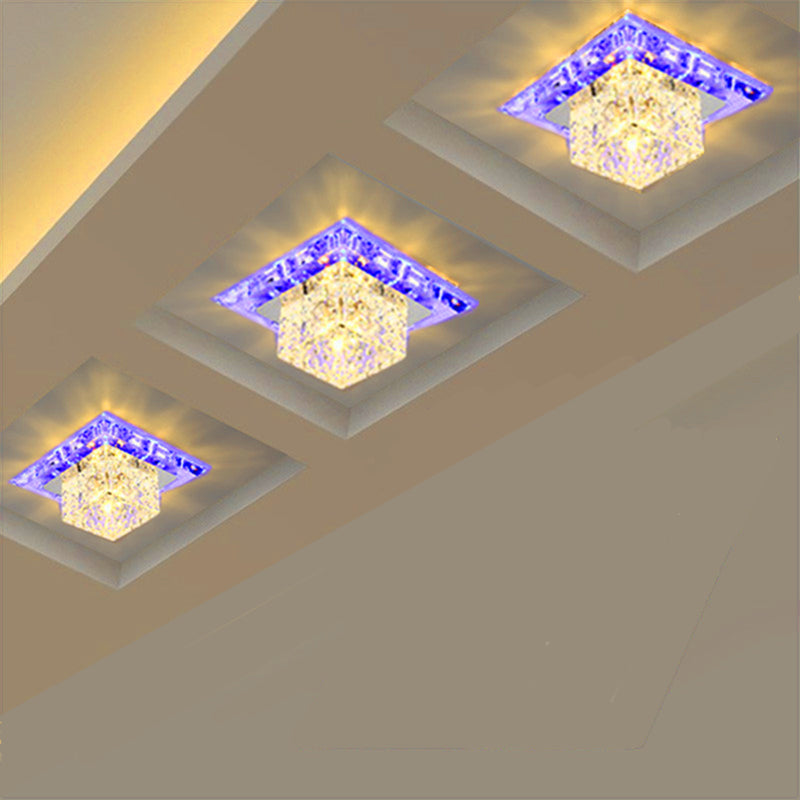 Stainless Steel Square LED Flush Light Simple Clear Crystal Ceiling Mount Light for Aisle