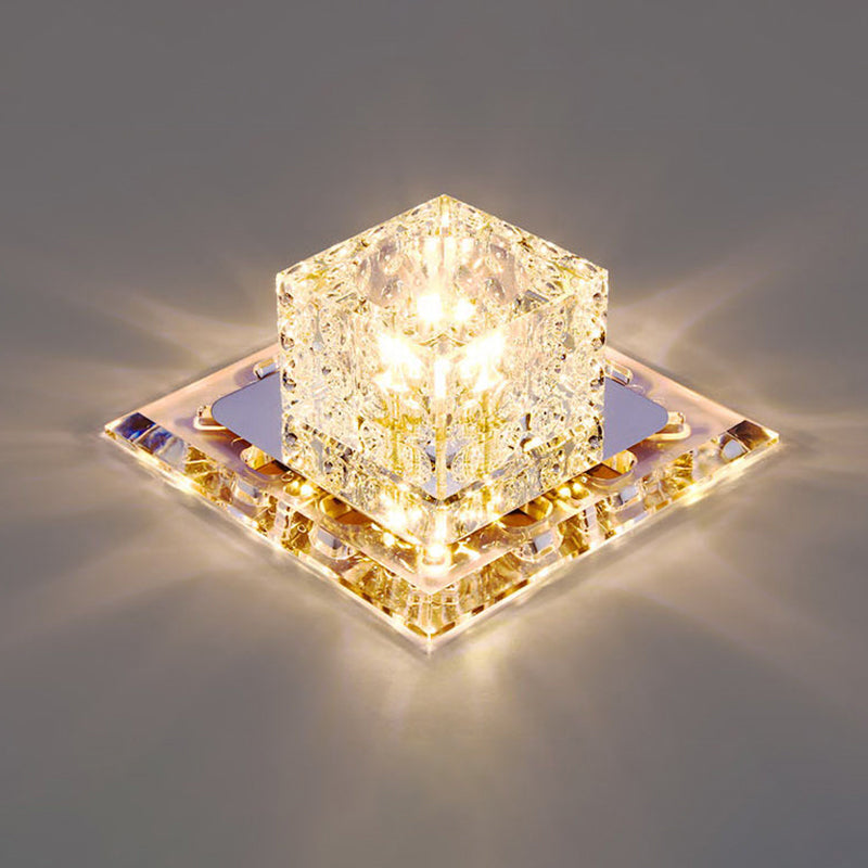 Stainless Steel Square LED Flush Light Simple Clear Crystal Ceiling Mount Light for Aisle