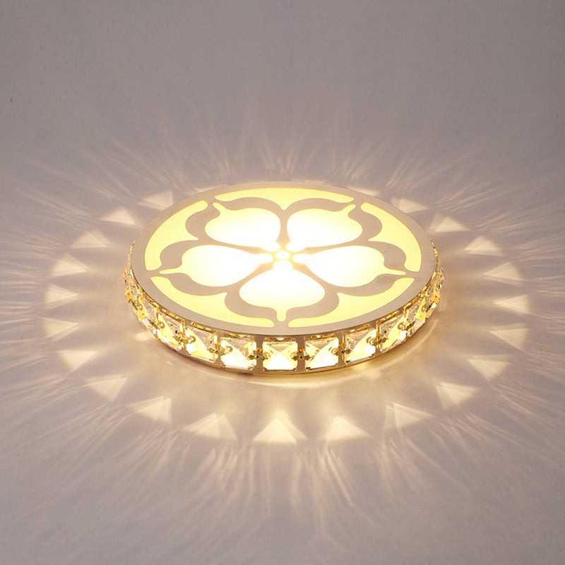 Ultrathin Round LED Flush Mount Light Fixture Simple Crystal Corridor Ceiling Lamp with Flower Pattern