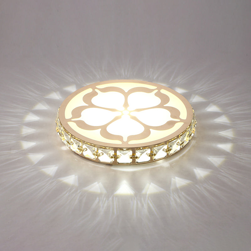 Ultrathin Round LED Flush Mount Light Fixture Simple Crystal Corridor Ceiling Lamp with Flower Pattern