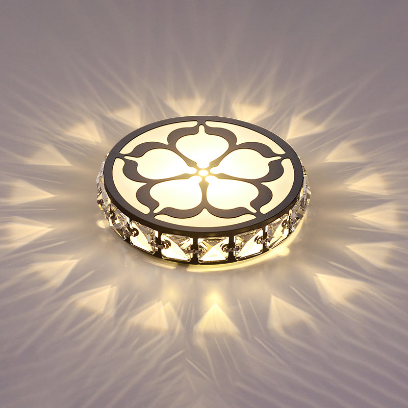 Ultrathin Round LED Flush Mount Light Fixture Simple Crystal Corridor Ceiling Lamp with Flower Pattern
