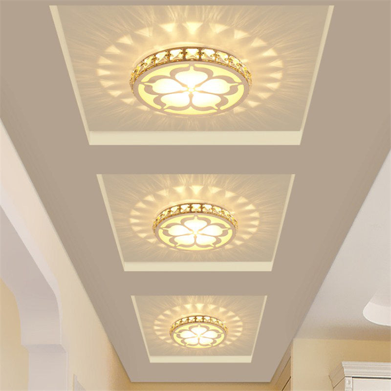 Ultrathin Round LED Flush Mount Light Fixture Simple Crystal Corridor Ceiling Lamp with Flower Pattern