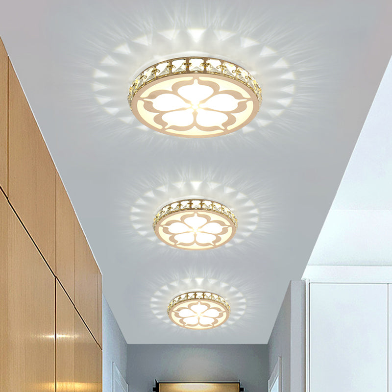 Ultrathin Round LED Flush Mount Light Fixture Simple Crystal Corridor Ceiling Lamp with Flower Pattern