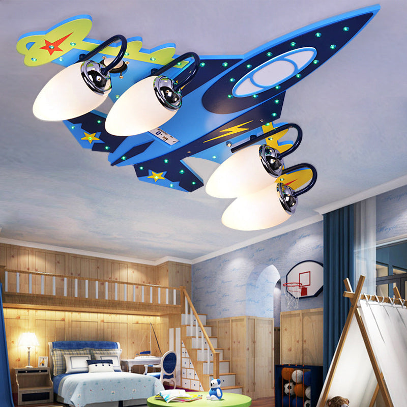 Blue Fighter Plane Flushmount Cartoon 4-Bulb Wooden Flush Mount Ceiling Light with Cream Glass Shade