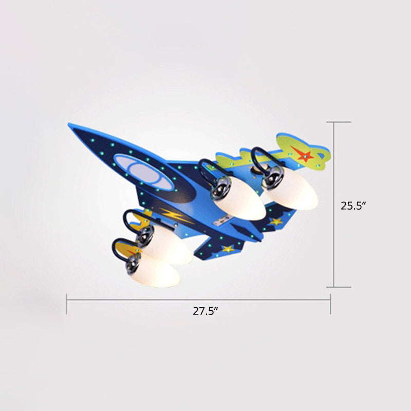 Blue Fighter Plane Flushmount Cartoon 4-Bulb Wooden Flush Mount Ceiling Light with Cream Glass Shade