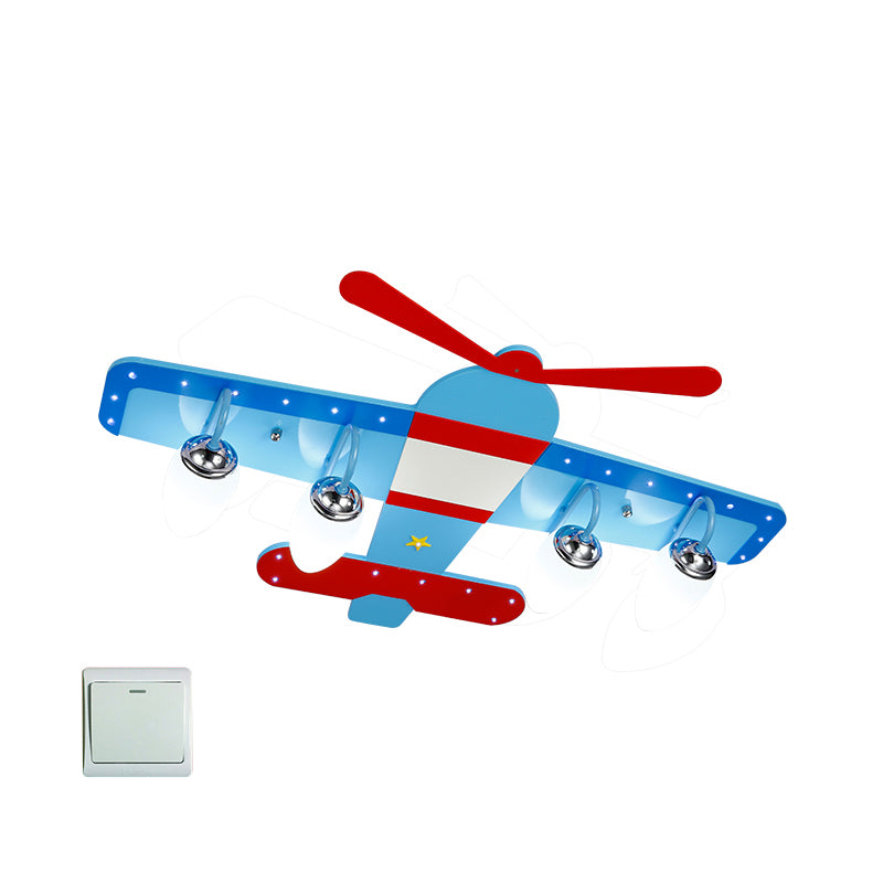 Cartoon Pro Plane Flush Mounted Light Wooden 4 Lights Child Bedroom Flush Mount Ceiling Fixture in Blue