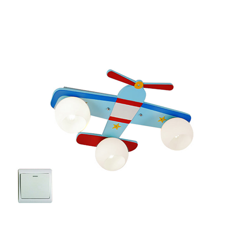 Cartoon Pro Plane Flush Mounted Light Wooden 4 Lights Child Bedroom Flush Mount Ceiling Fixture in Blue