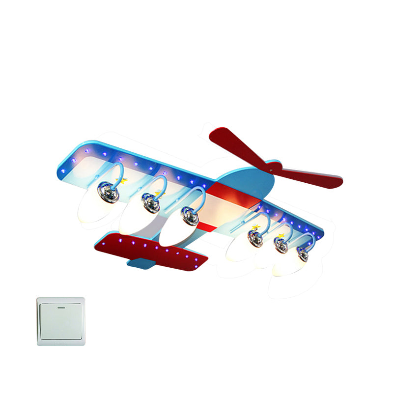 Cartoon Pro Plane Flush Mounted Light Wooden 4 Lights Child Bedroom Flush Mount Ceiling Fixture in Blue