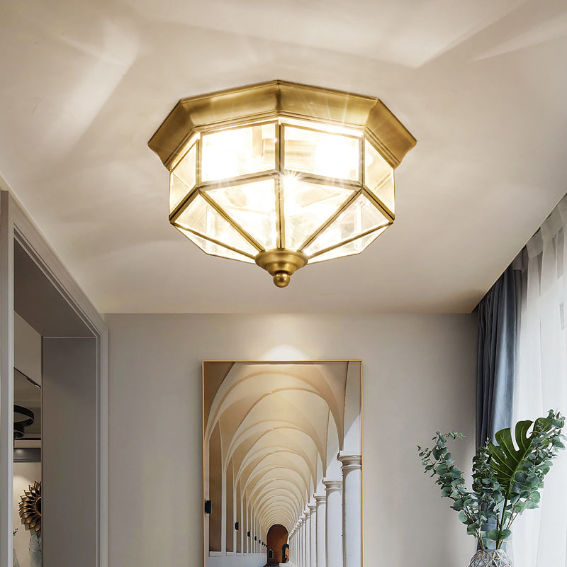 3 Lights Flush Mounted Fixture Traditional Foyer Ceiling Light with Octagon Glass Shade in Gold