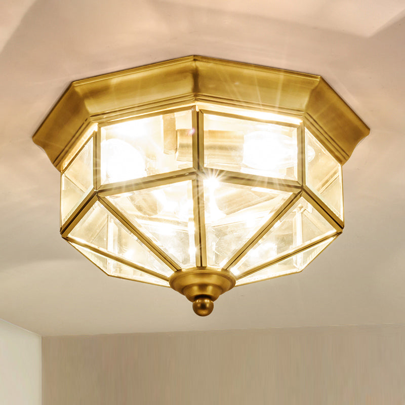 3 Lights Flush Mounted Fixture Traditional Foyer Ceiling Light with Octagon Glass Shade in Gold