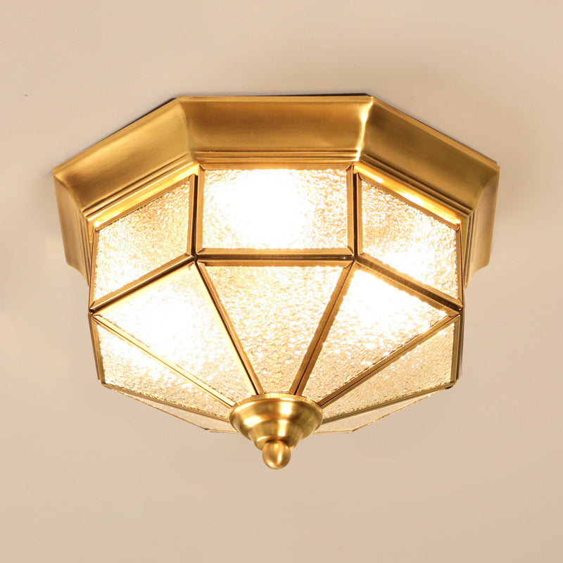 3 Lights Flush Mounted Fixture Traditional Foyer Ceiling Light with Octagon Glass Shade in Gold