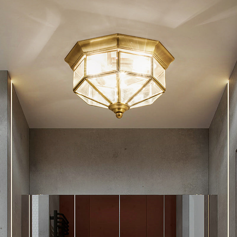 3 Lights Flush Mounted Fixture Traditional Foyer Ceiling Light with Octagon Glass Shade in Gold