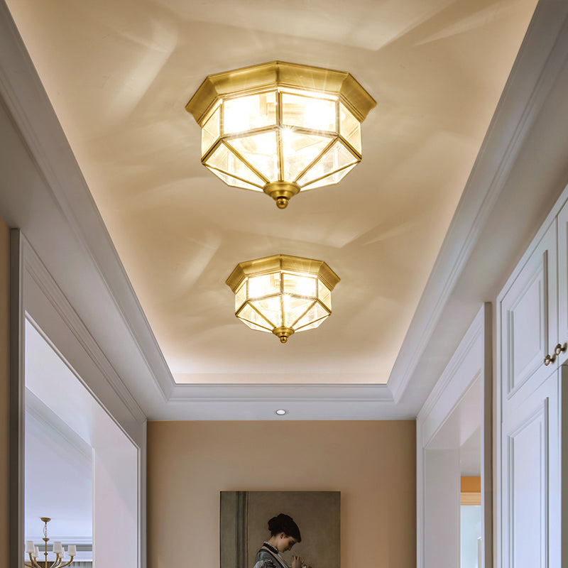3 Lights Flush Mounted Fixture Traditional Foyer Ceiling Light with Octagon Glass Shade in Gold