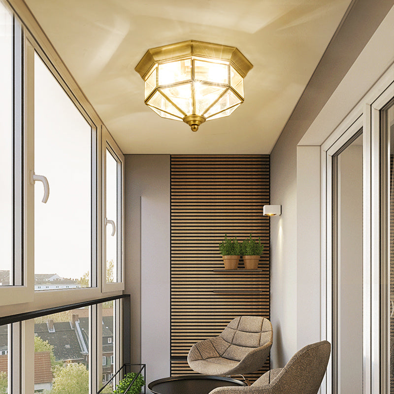3 Lights Flush Mounted Fixture Traditional Foyer Ceiling Light with Octagon Glass Shade in Gold