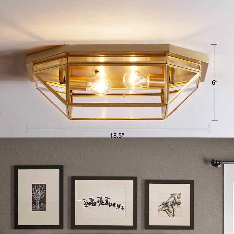 Glass Geometric Ceiling Mount Lamp Simplicity 2-Light Balcony Flush Mount Fixture in Brass