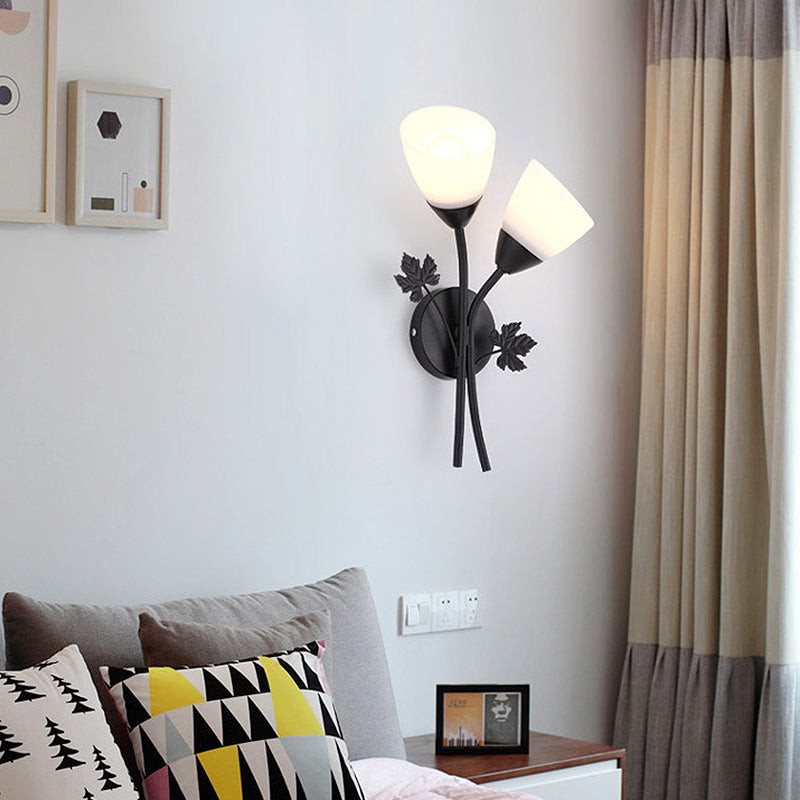 Bol en verre givré Conce contemporain 1/2-Light Hall Hall Mur Mount luminaire avec décor en forme de feuilles en noir / or