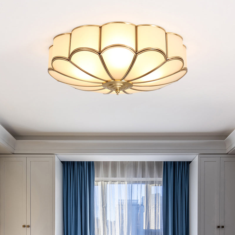 White Glass Ceiling Flush Light Traditional Gold Chrysanthemum Bedroom Flush Mount Fixture