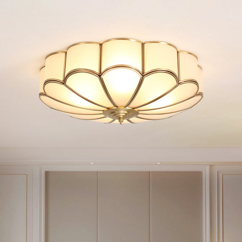 White Glass Ceiling Flush Light Traditional Gold Chrysanthemum Bedroom Flush Mount Fixture
