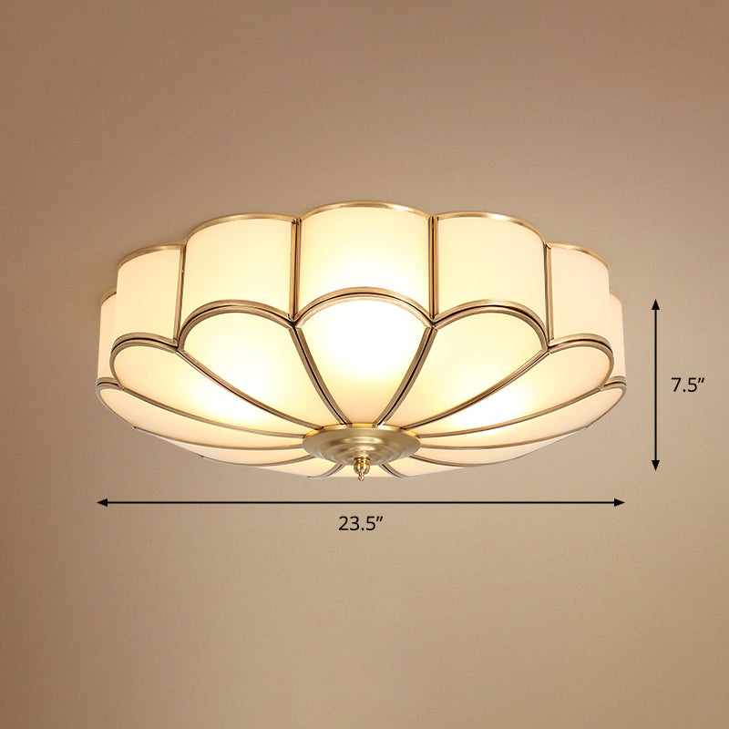 White Glass Ceiling Flush Light Traditional Gold Chrysanthemum Bedroom Flush Mount Fixture