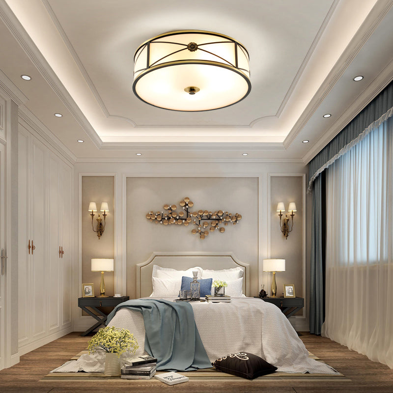 Traditionelle Trommel-Unterputz-Deckenleuchte, mattweiße Glas-Unterputzlampe für Schlafzimmer