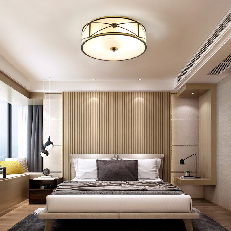 Traditional Drum Flush Mount Ceiling Light Frosted White Glass Flush Lamp for Bedroom