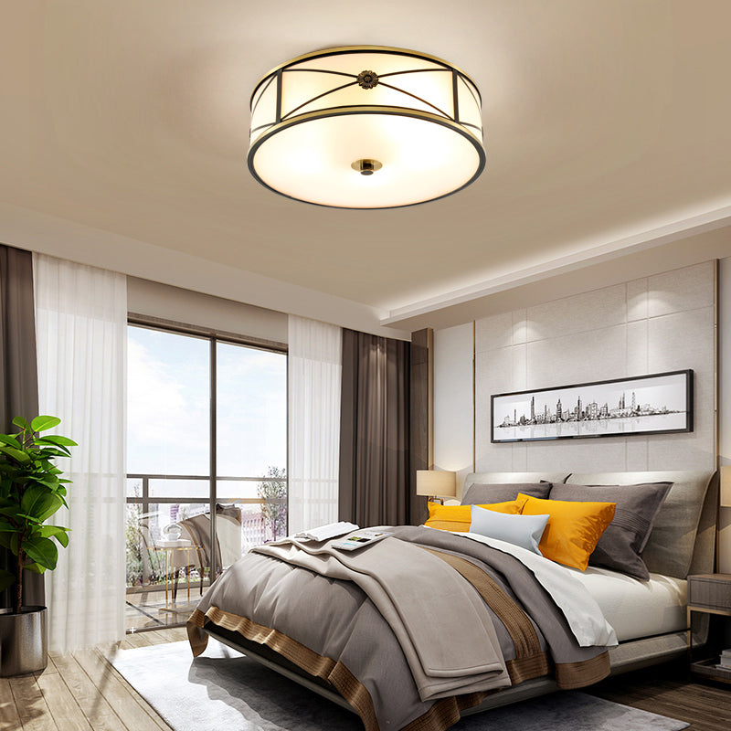 Traditional Drum Flush Mount Ceiling Light Frosted White Glass Flush Lamp for Bedroom
