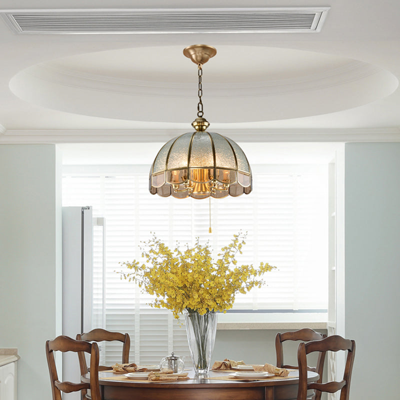 6 Bulbs Dome Chandelier Pendant Light Antique Brass Water Glass Hanging Light with Scalloped Trim