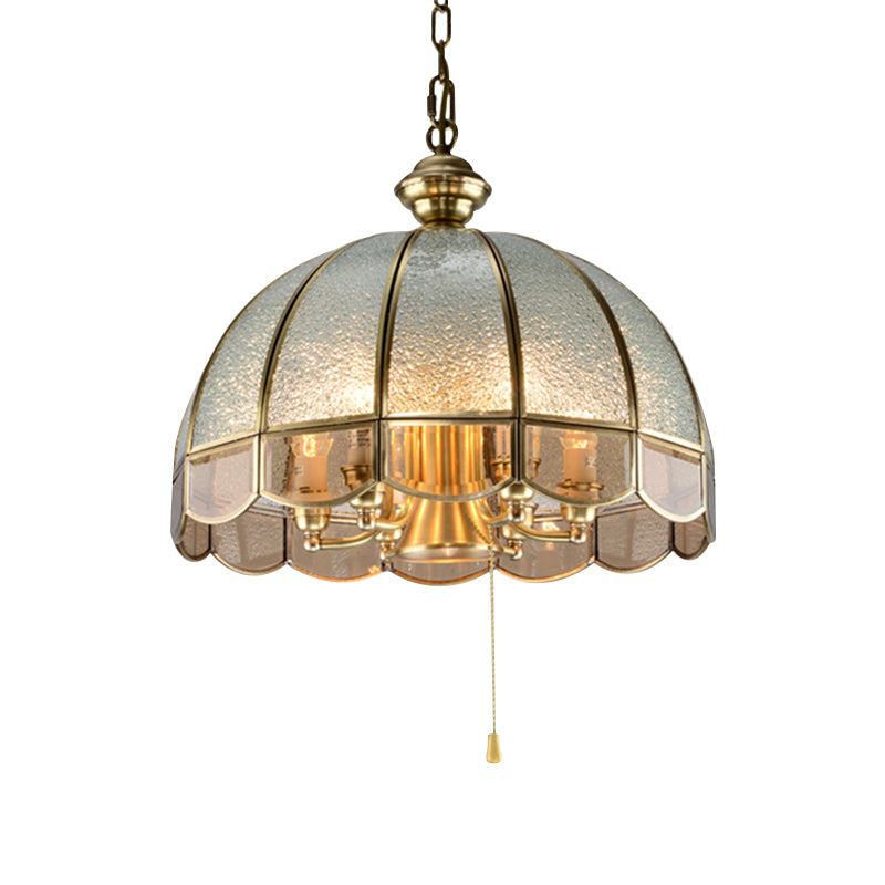 6 Bulbs Dome Chandelier Pendant Light Antique Brass Water Glass Hanging Light with Scalloped Trim